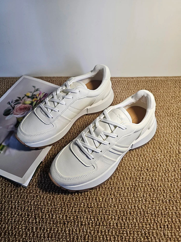 MOOQDAAX Spring Summer 2024 New Women's Shoes Genuine Leather Trim Shoes Heel Design Casual Platform Sneakers Women