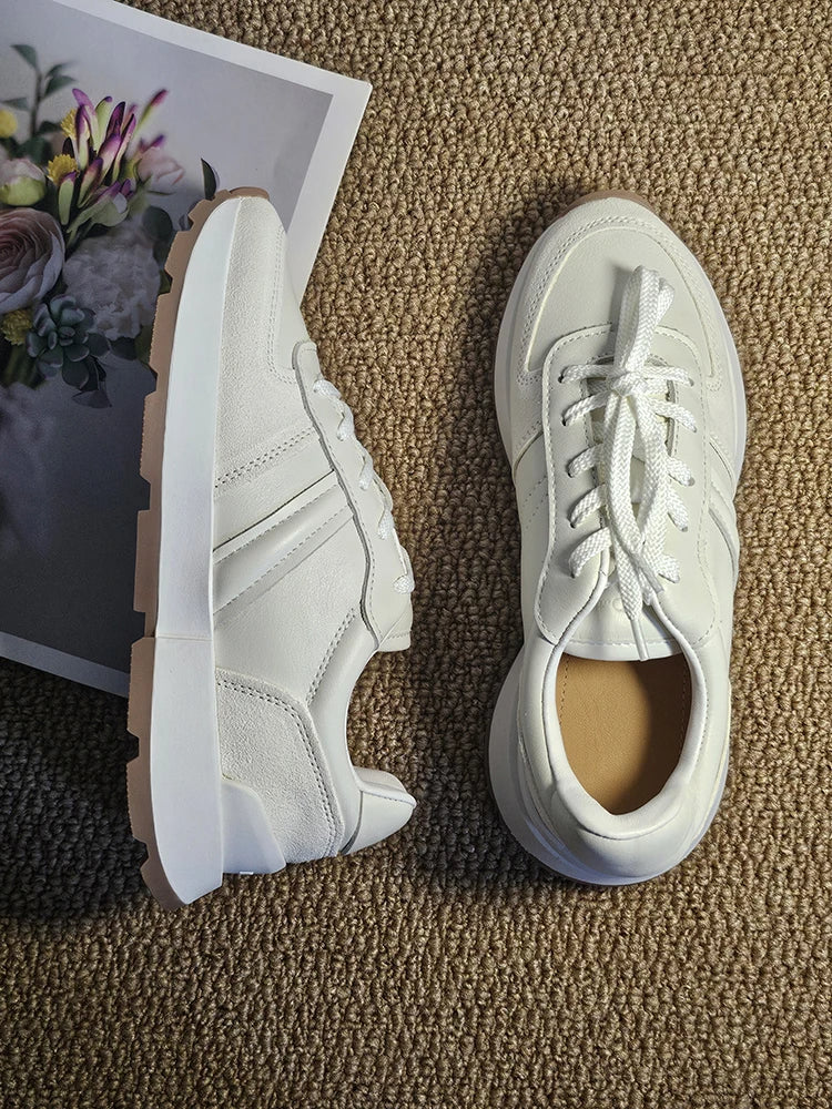 MOOQDAAX Spring Summer 2024 New Women's Shoes Genuine Leather Trim Shoes Heel Design Casual Platform Sneakers Women