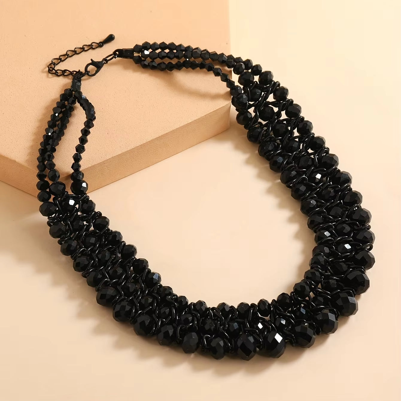 Three Rows Of Handmade Beaded Necklace Black Color Neck Jewelry Ornament
