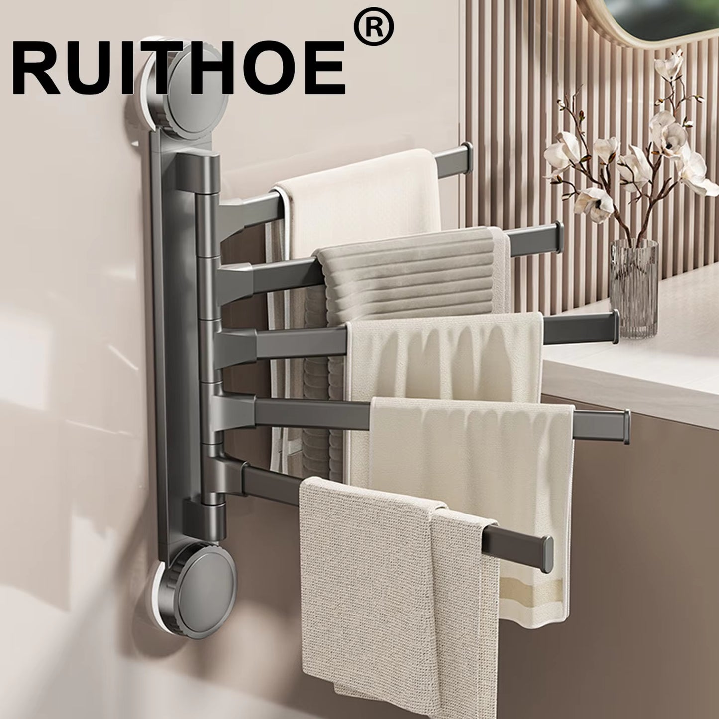 Suction Cup Towel Rack Rotatable Towel Holder Aluminum 2/3/4/5-Bar Towel Hanger Kitchen Bathroom Hanging Wall Mounted