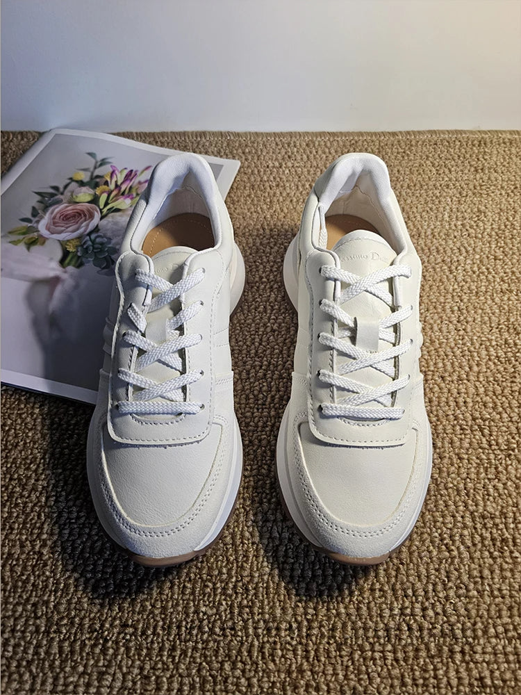 MOOQDAAX Spring Summer 2024 New Women's Shoes Genuine Leather Trim Shoes Heel Design Casual Platform Sneakers Women